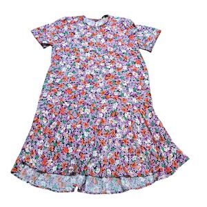 Ann Taylor Purple Floral Rayon Short Sleeve Tiered Shift Dress Petite Medium